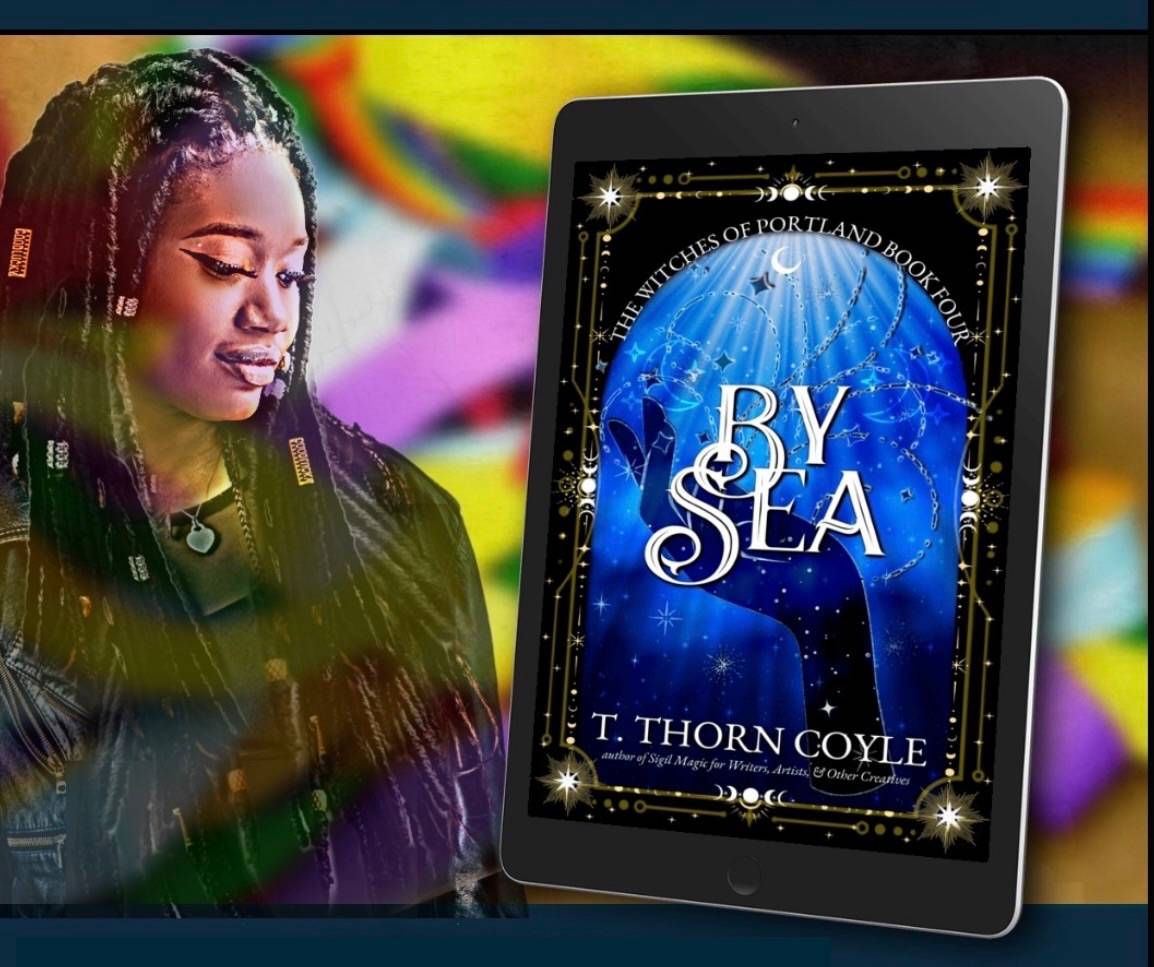 By Sea ebook. Image of a Black woman with dreadlocks, in front of a pattern of May Day ribbons.