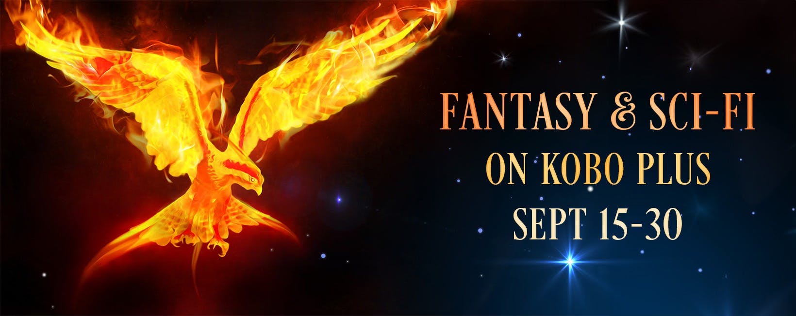 fantasy and sci fi on kobo plus sept 15-30. image of a fire phoenix