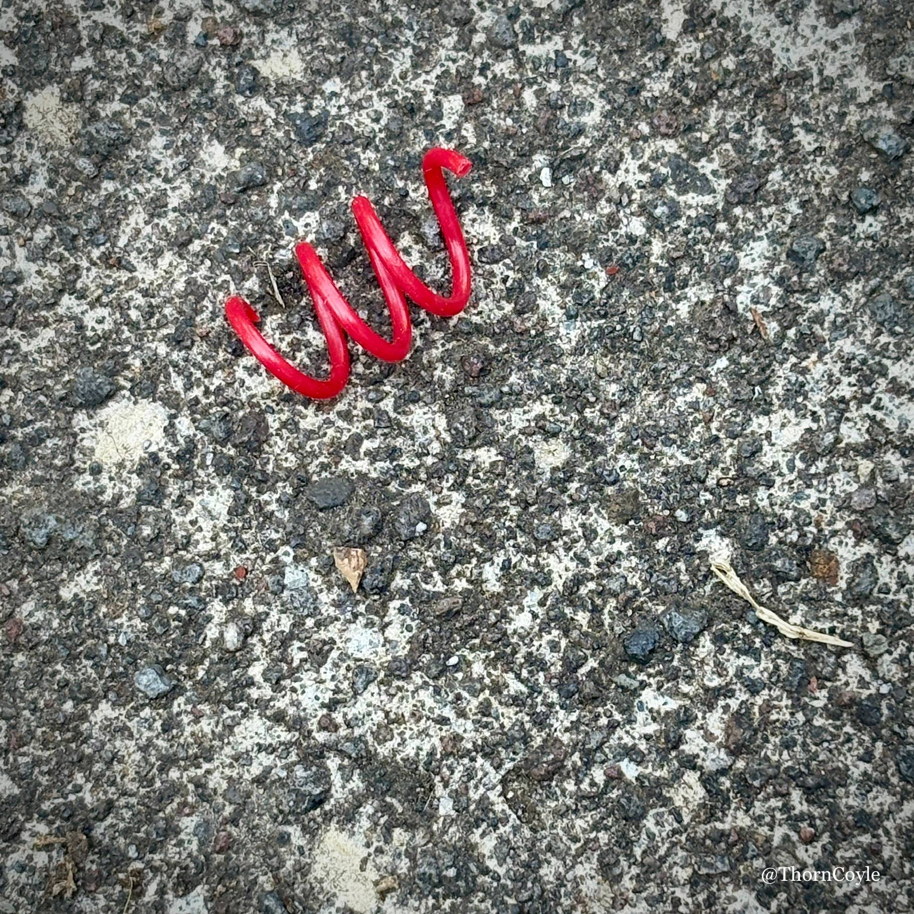 Photo: a bright red coiled spring on a dark grey and white sidewalk.