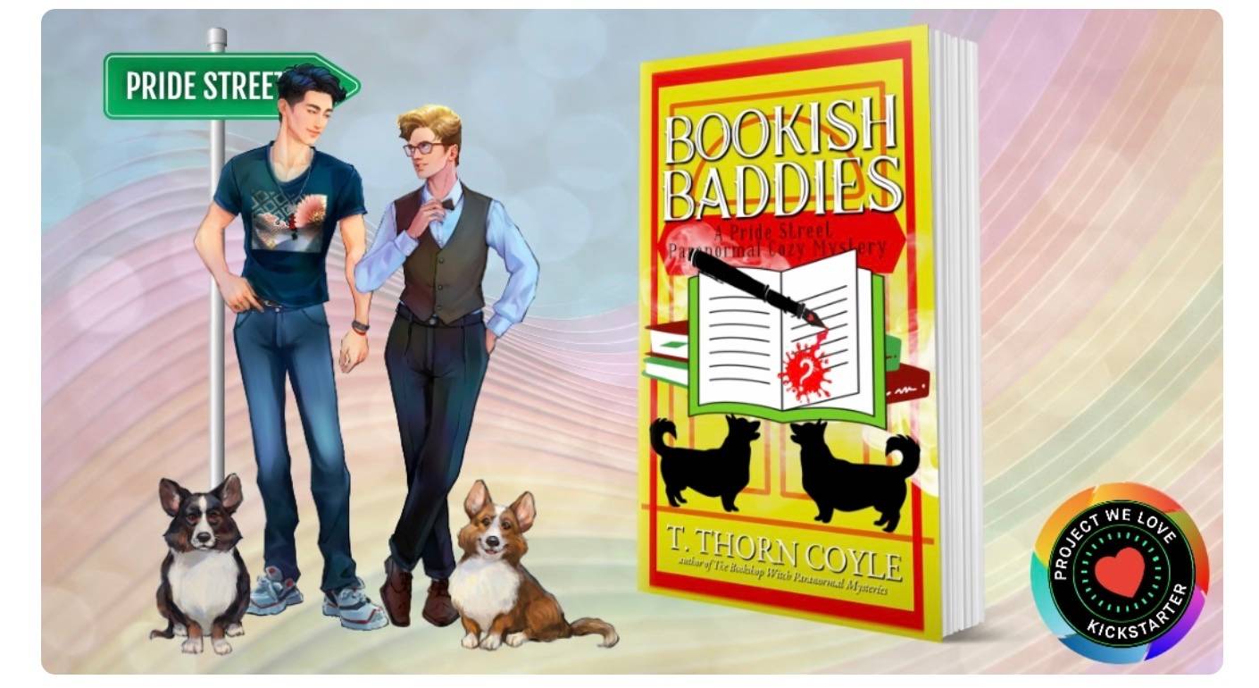 Illustration of two corgis and two men, next to a large book Bookish Baddies, a pale rainbow Pride pattern is behind the scene