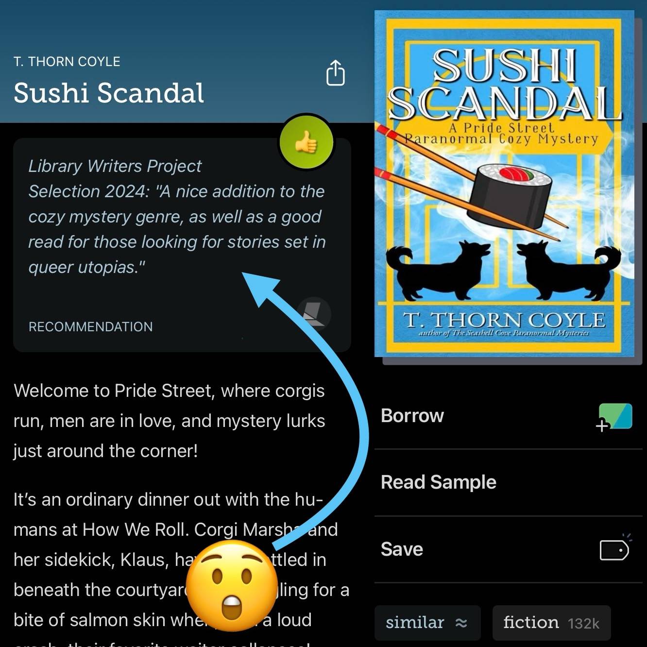 screenshot of Sushi Scandal with a thumbs up, and review from Library Writers Project Selection: “A nice addition to the cozy mystery genre as well as a good read for those looking for stories set in queer utopias.”
