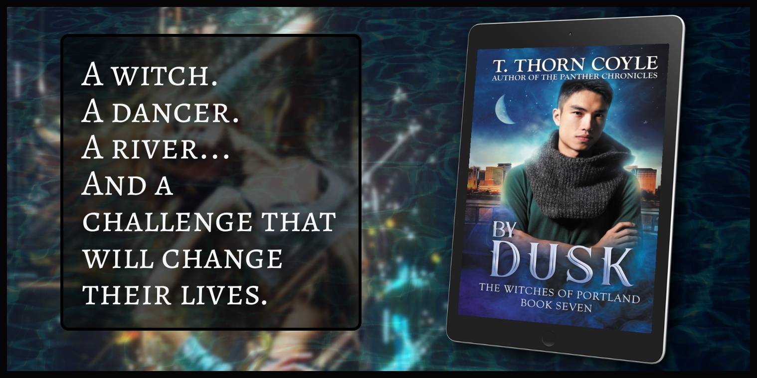 By Dusk ebook with young Asian man on cover. text reads: A witch. a dancer. a river... and a challenge that will change their lives.