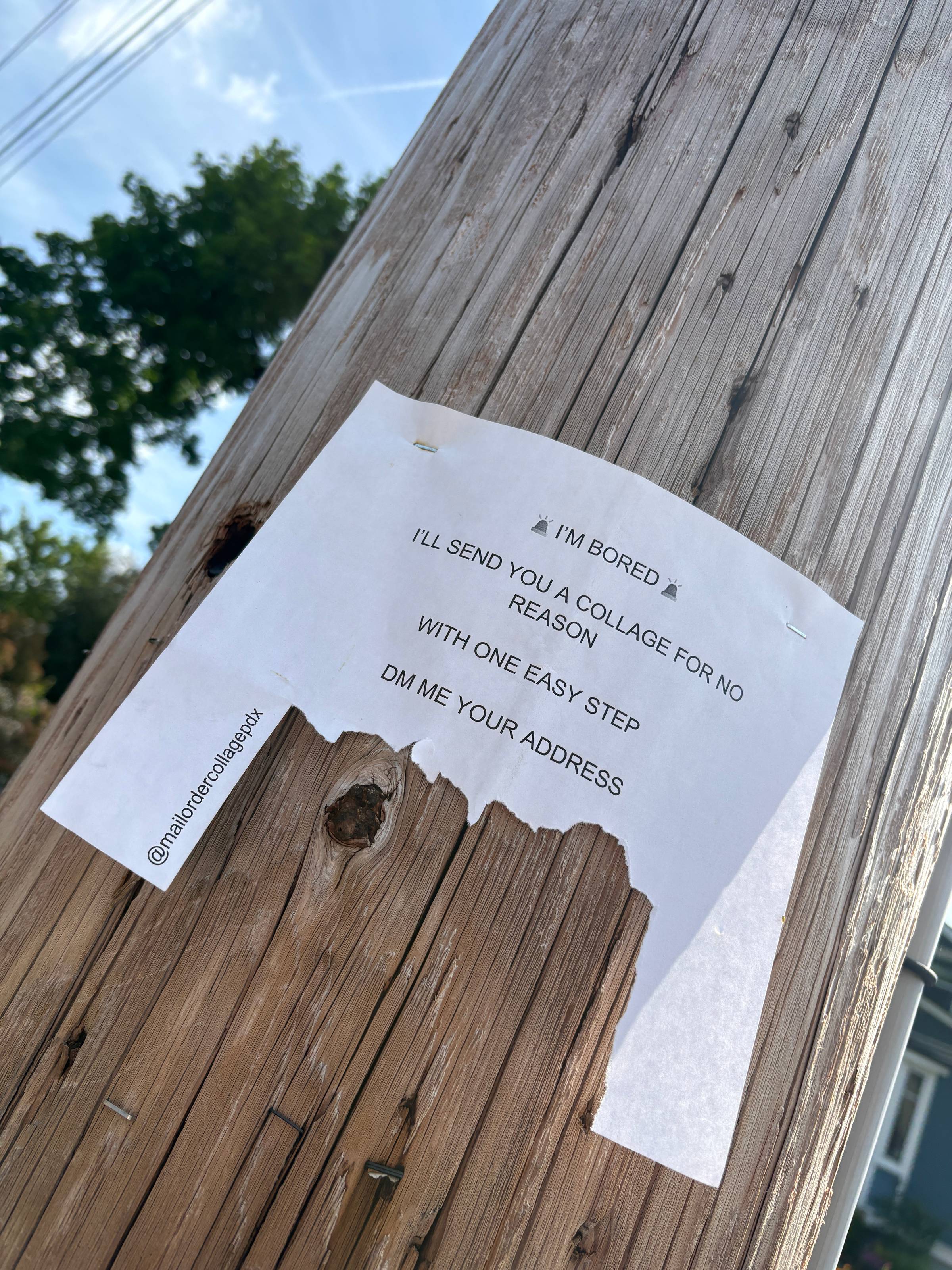 flier on a utility pole: “I’m bored. I’ll send you a collage for no reason. With one easy step. DM me your address.”