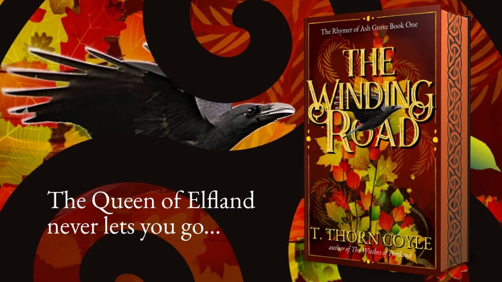 The Winding Road book, with a crow in flight and autumn leaves. "The queen of Elfland never lets you go..."