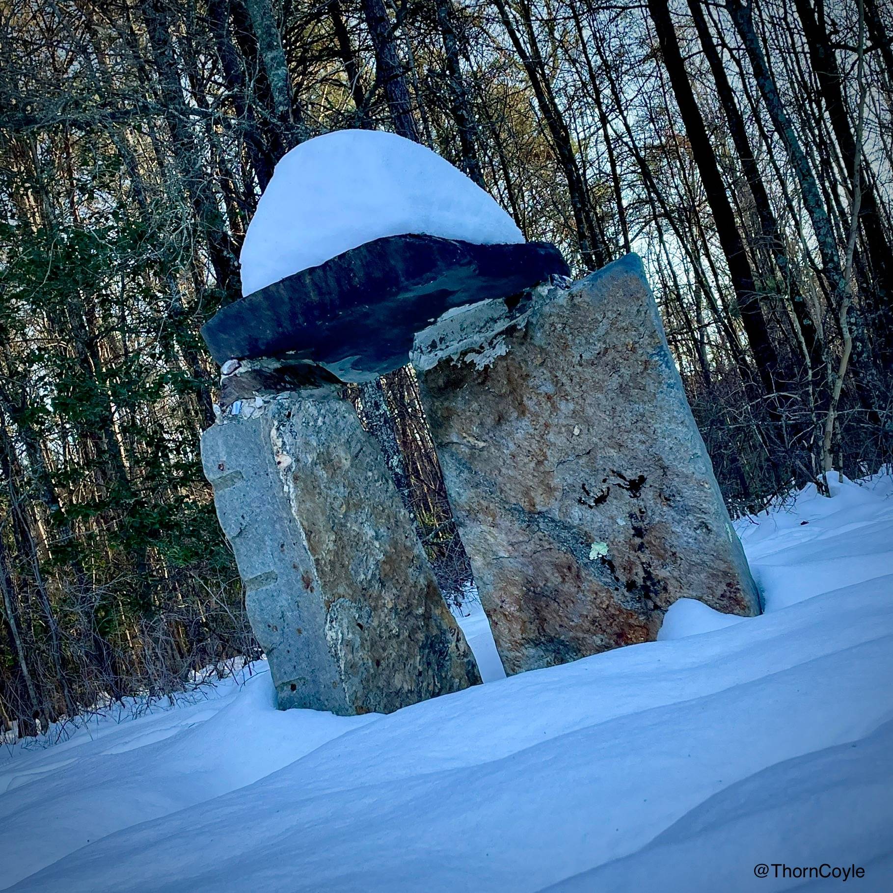 Standing stones with a lintel, in snow. Trees behind.