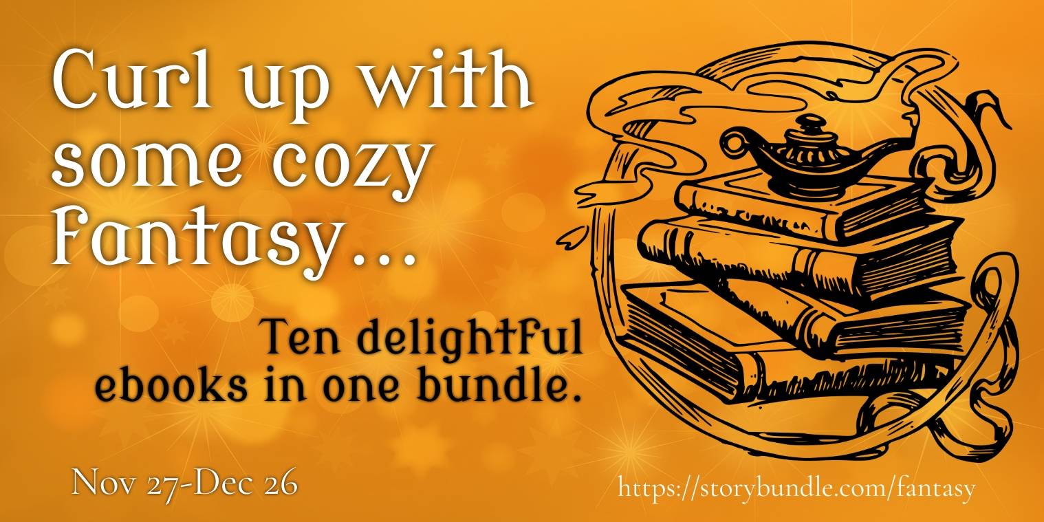 curl up with some cozy fantasy. a magic lamp on a stack of books.