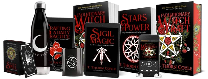 a collection of print and ebooks with magical titles, plus a mug and water bottle, and oracle deck