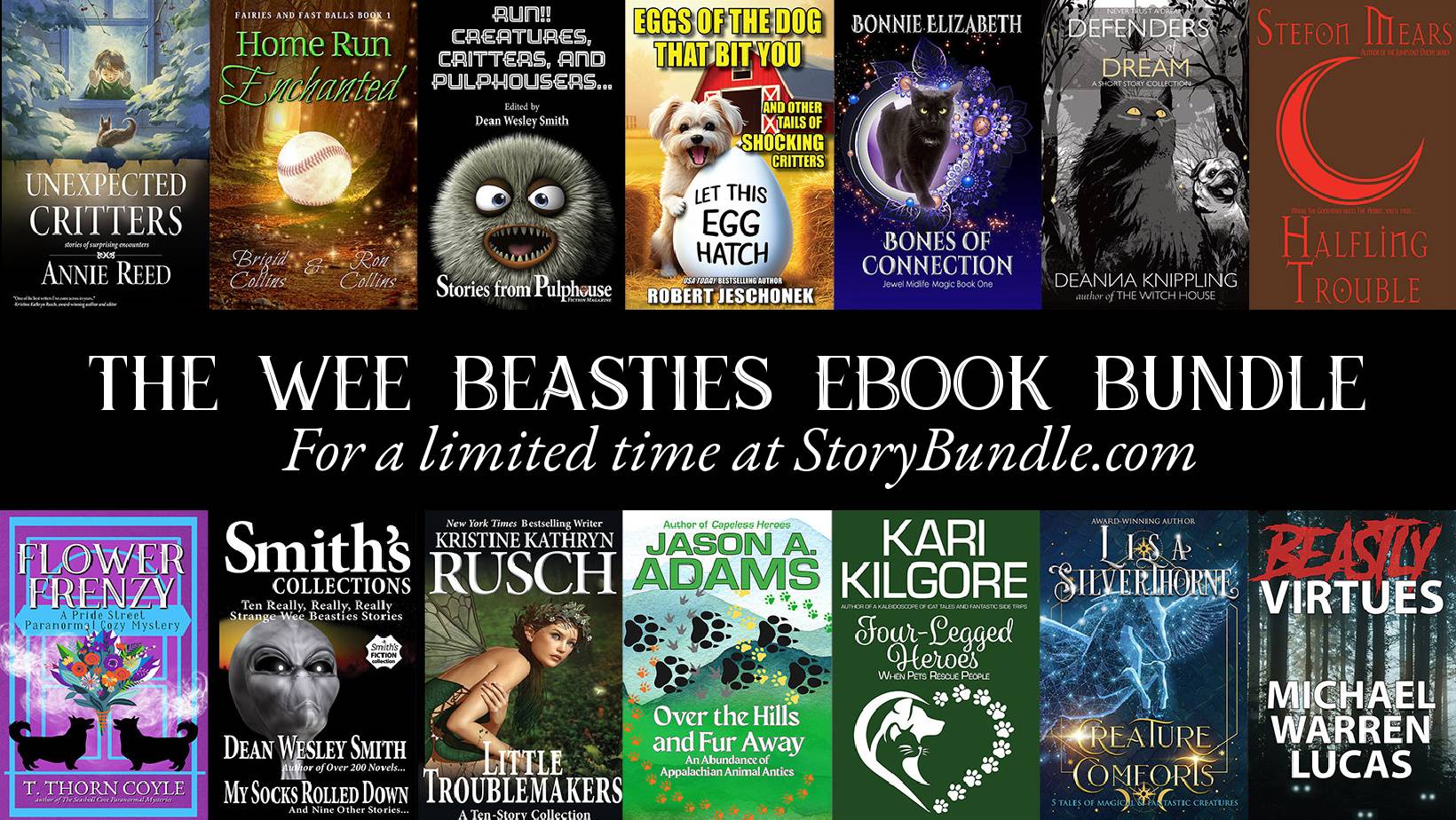 fourteen bright book covers. the wee beasties ebook bundle for a limited time at story bundle.com