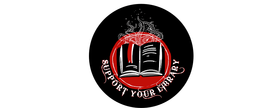 support your library. image of an open book with tentacles rising from it.