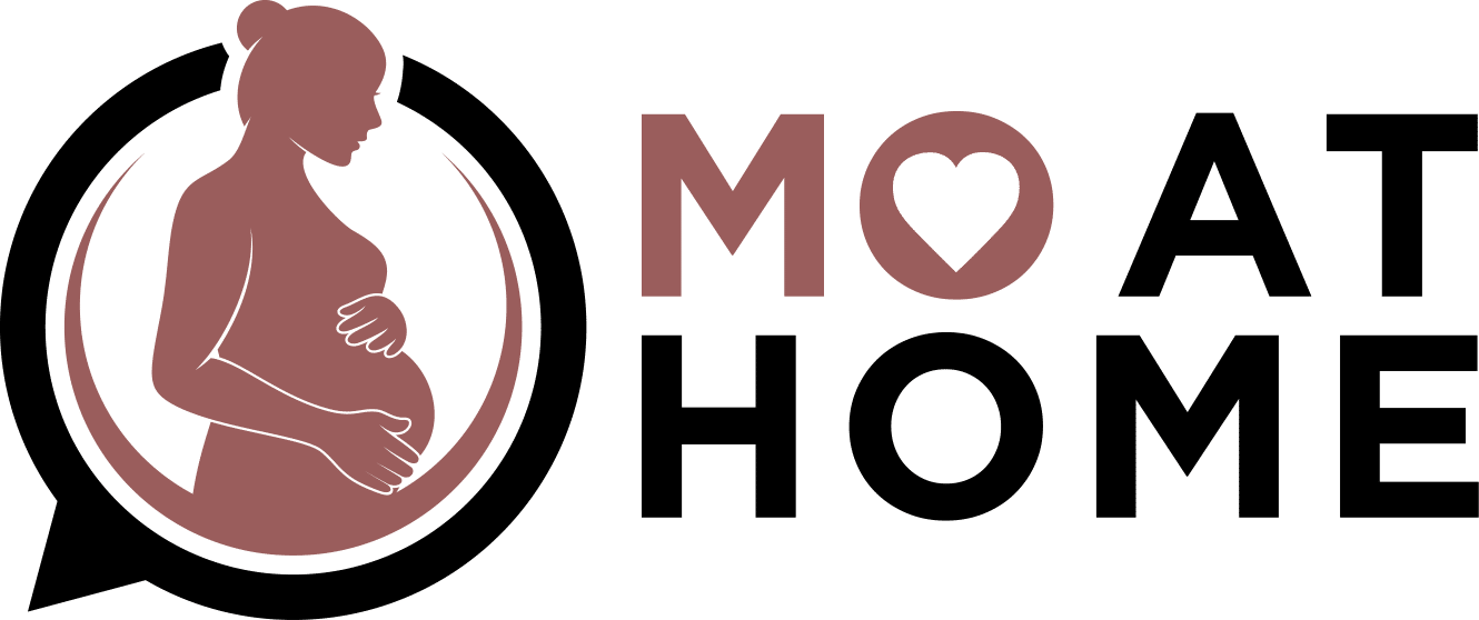 Mo At Home logo with a pregnant woman inside of a mauve and black circle. The words "Mo At Home" appear on the right.