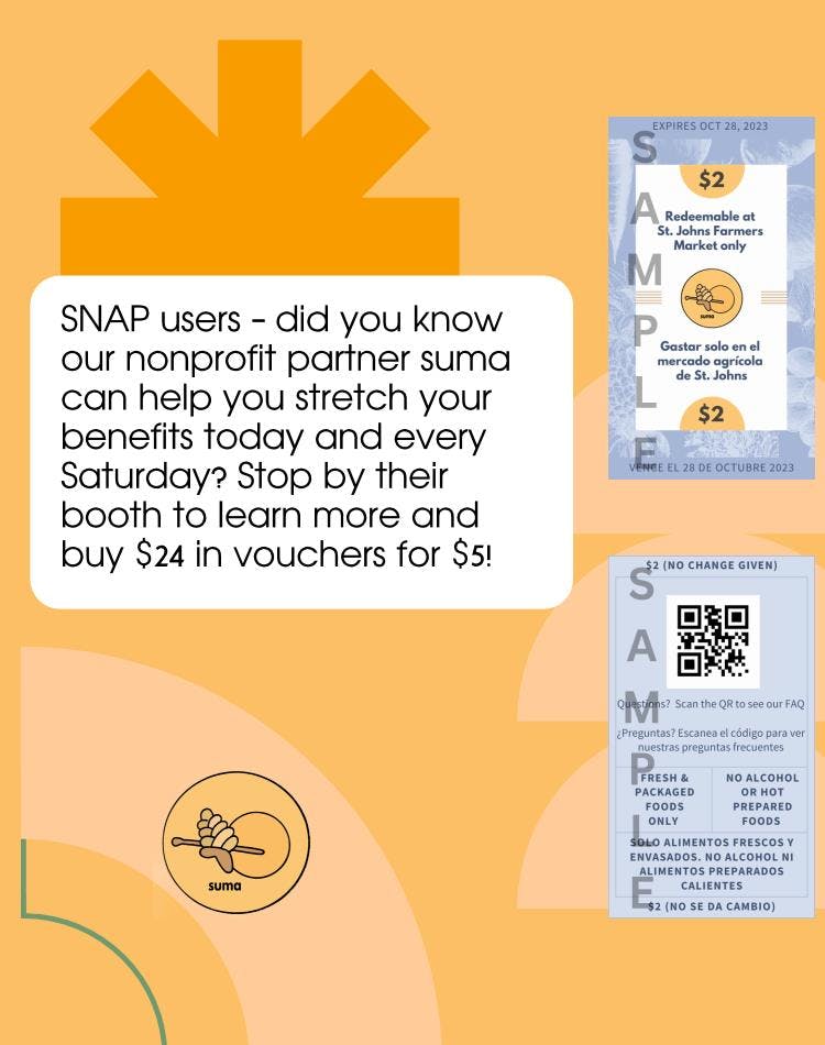 a picture of an English flyer promoting suma to SNAP beneficiaries, including inserts of blue suma vouchers and the suma logog