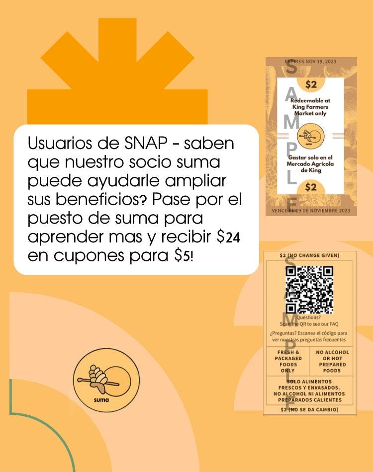 a picture of a Spanish flyer promoting suma to SNAP beneficiaries, including inserts of orange suma vouchers and the suma logo