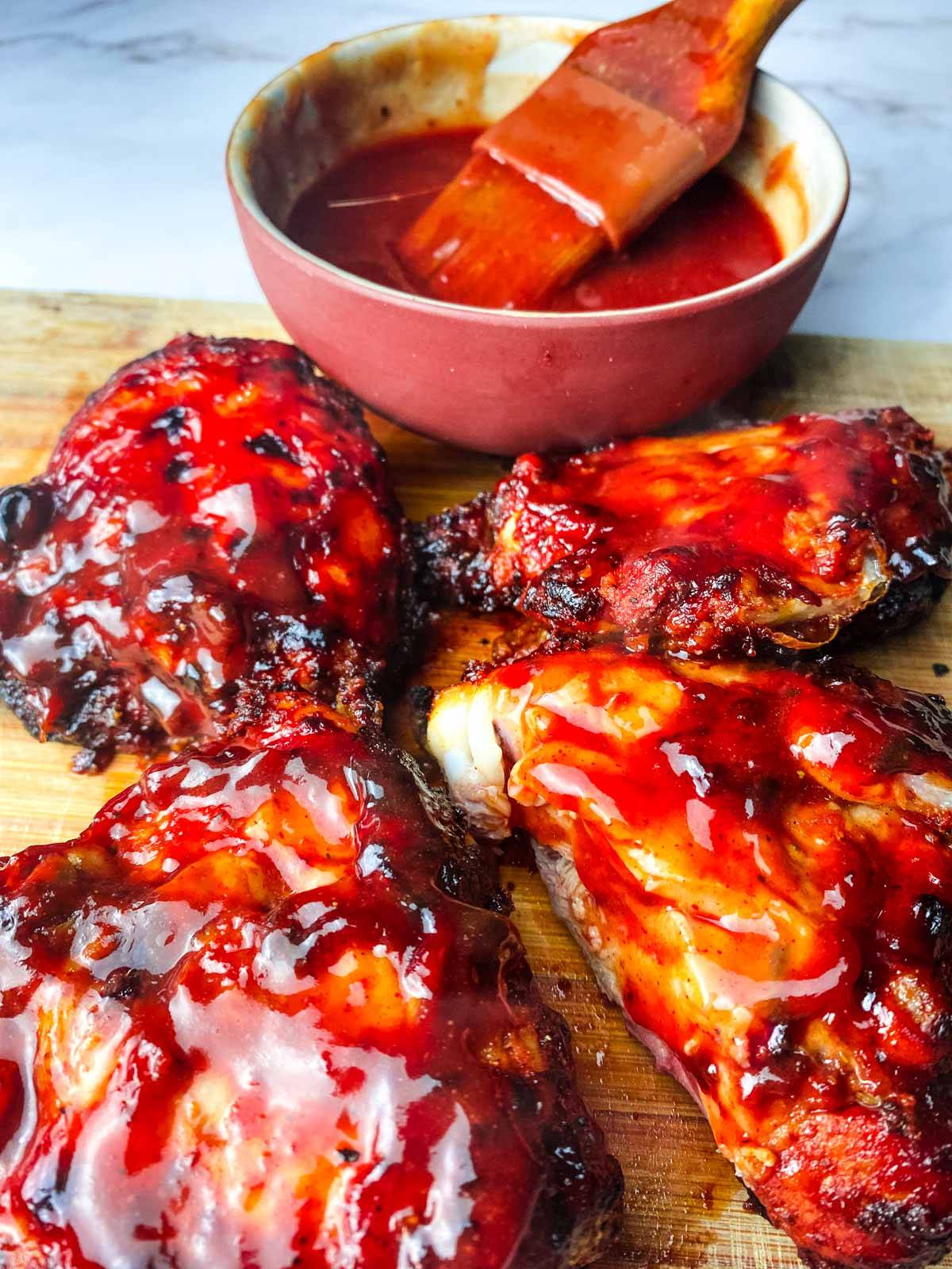 BBQ chicken with BBQ sauce.