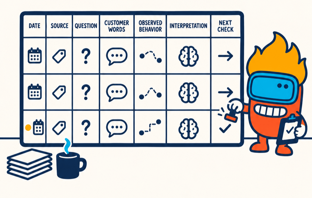 Research tracking sheet: date, source, question, customer words, observed behavior, interpretation, and next check.