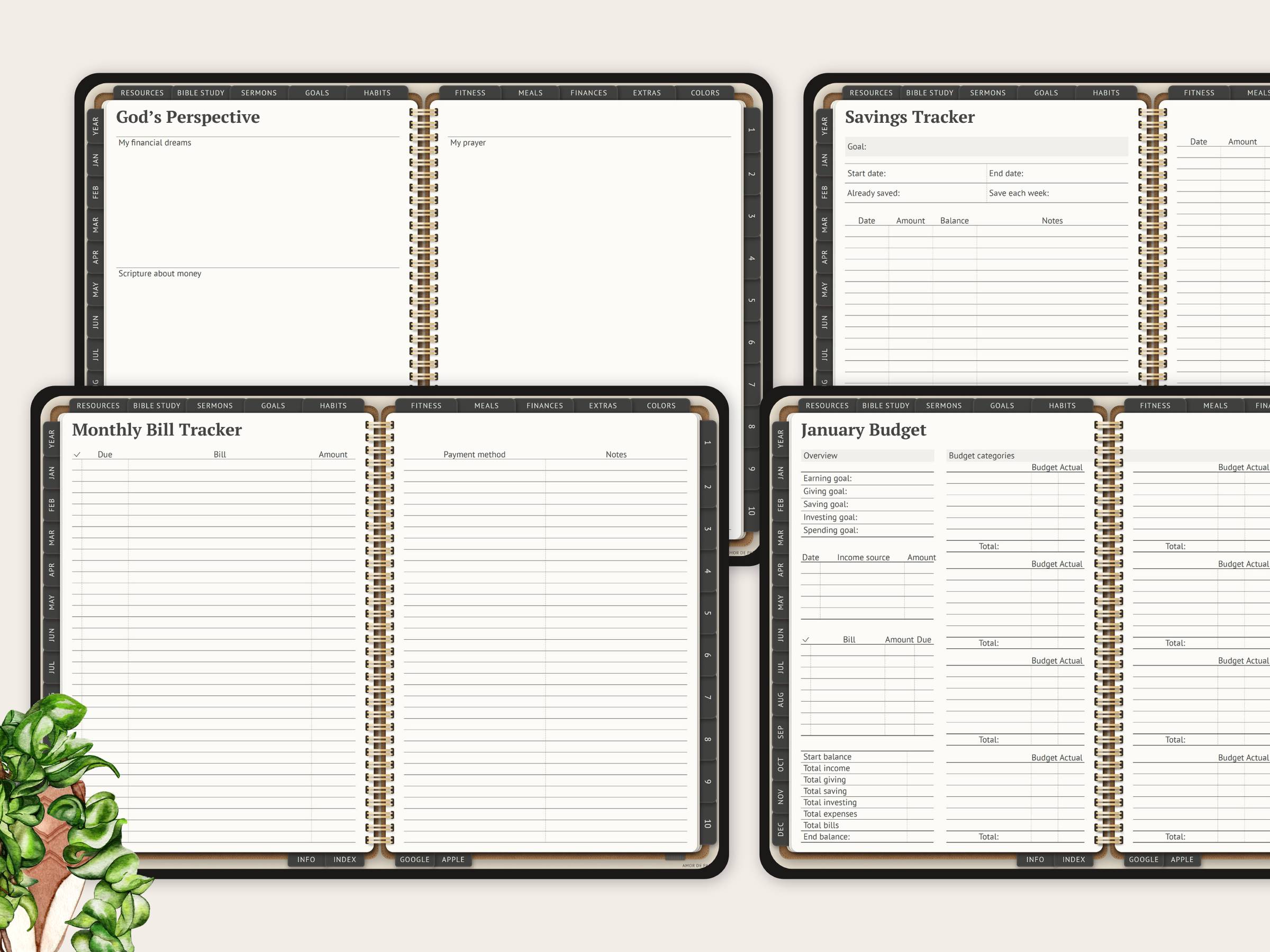 Some of the financial templates in the planner.