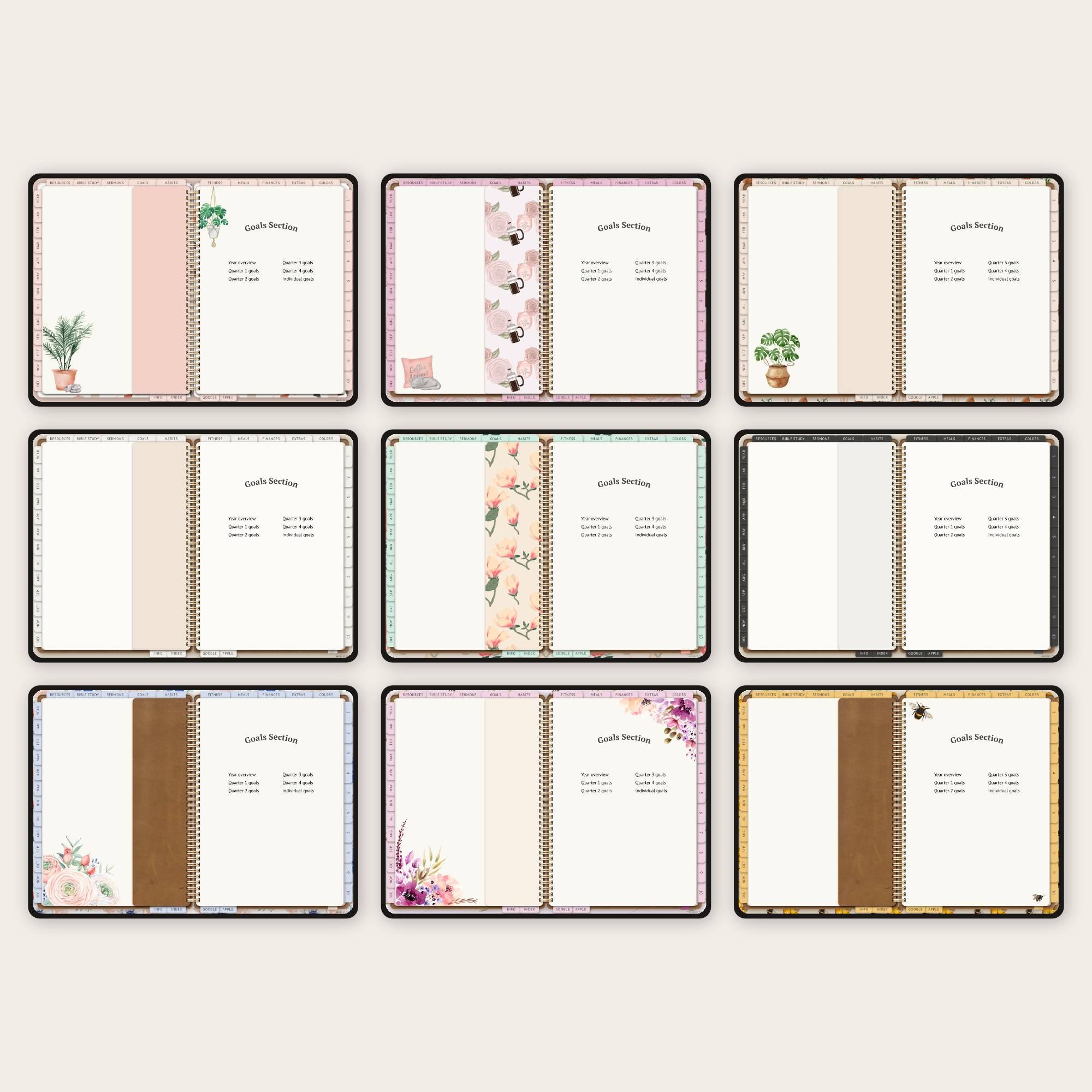 The nine versions of the Abundant Life Planner, all with unique, hand made artwork by real artists.