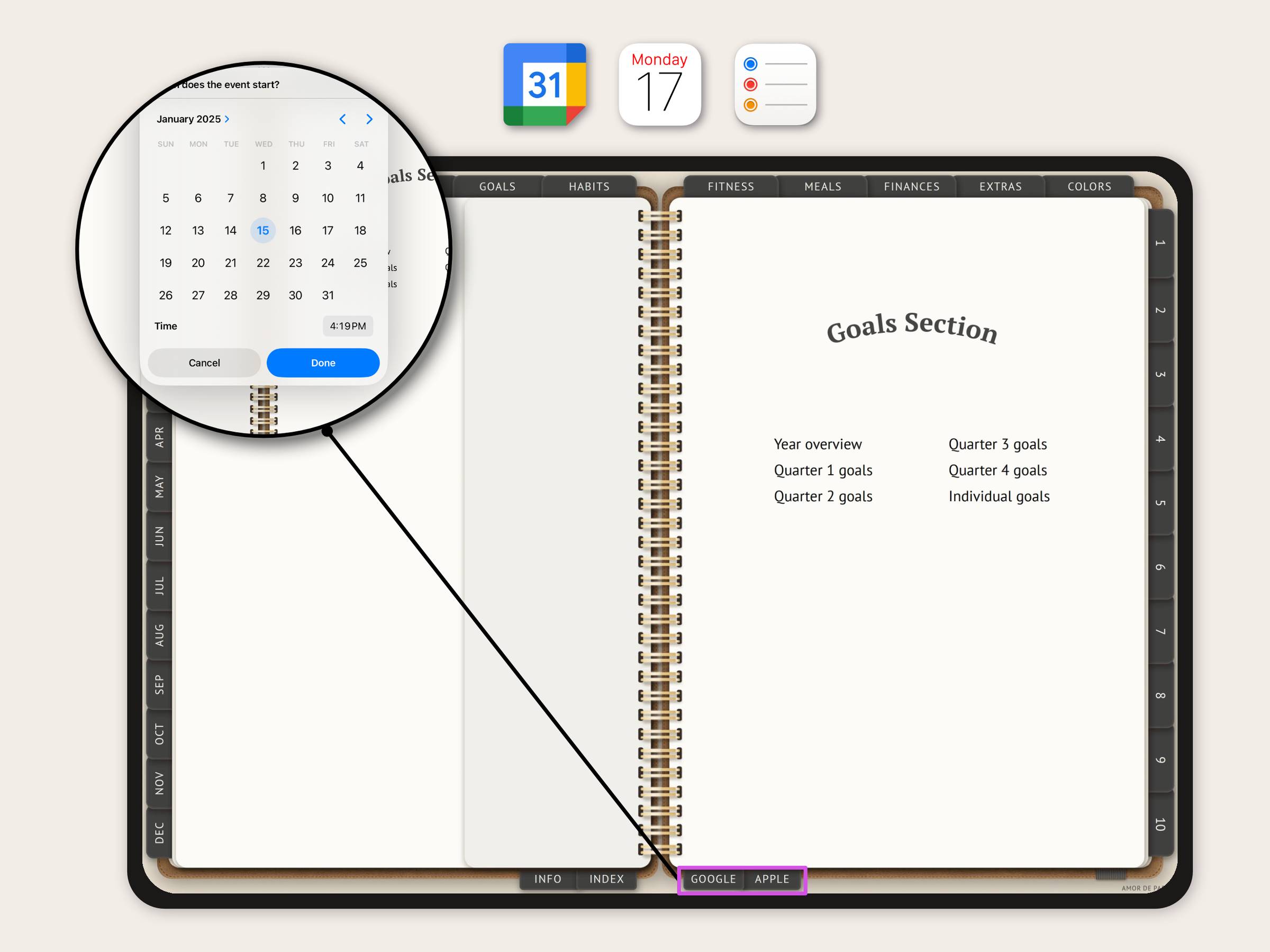 A planner page is shown, highlighting the Google and Apple tabs along the bottom. Tapping these open up Google or Apple Calendars for you to set reminders and events in those calendars from any page in the planner.