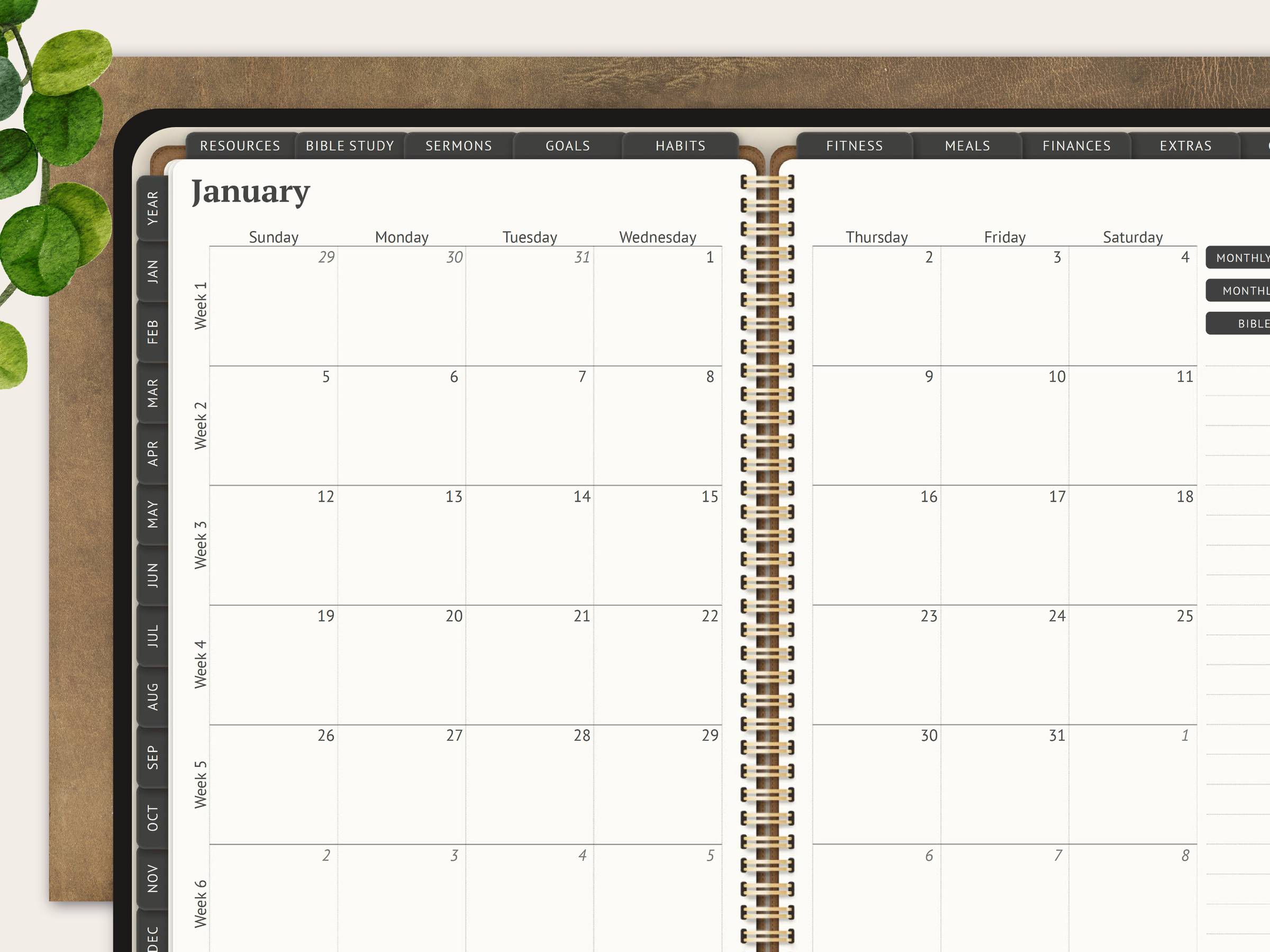 A monthly calendar page in the planner. 