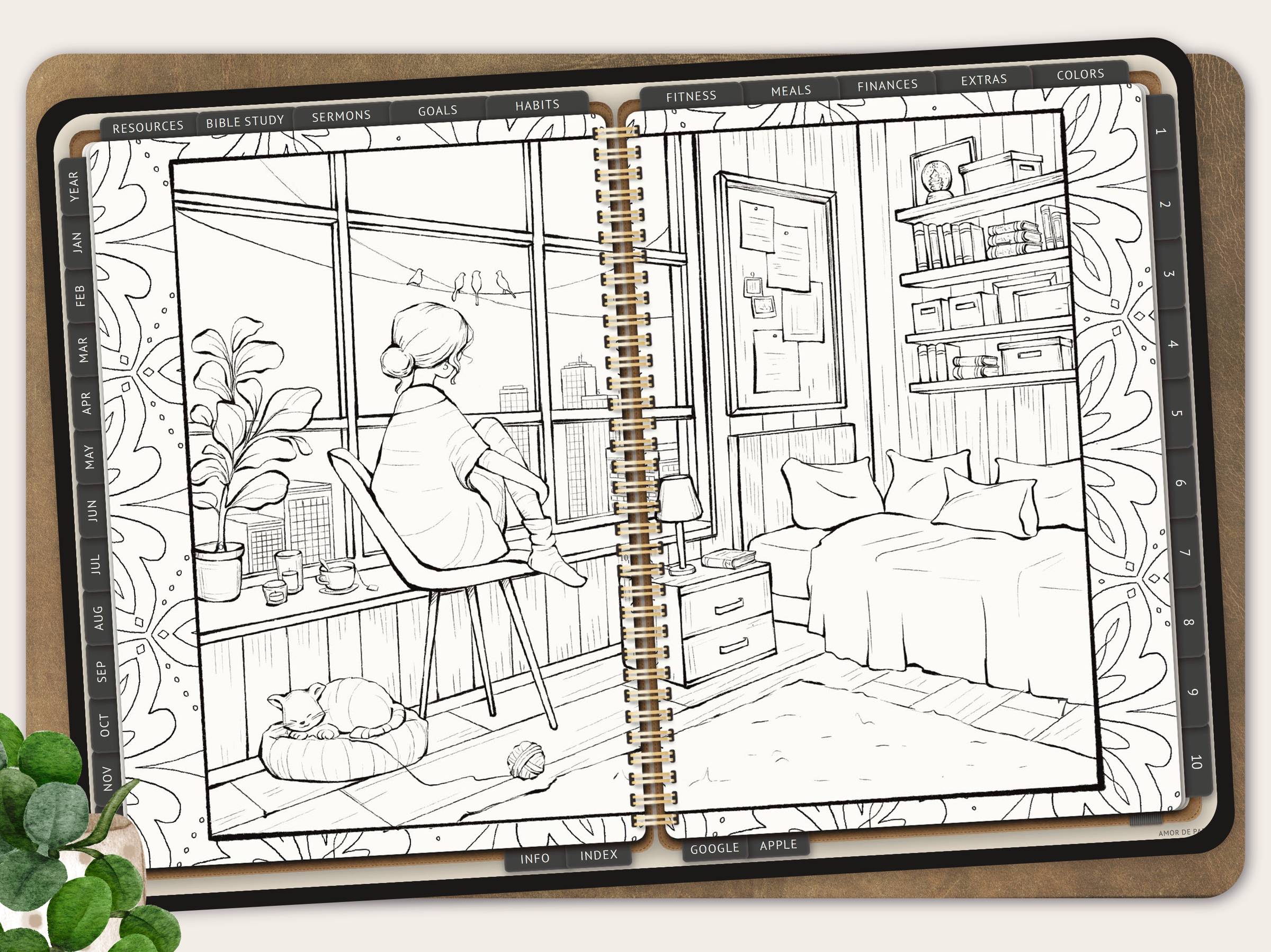 The hand-drawn coloring page in the planner.