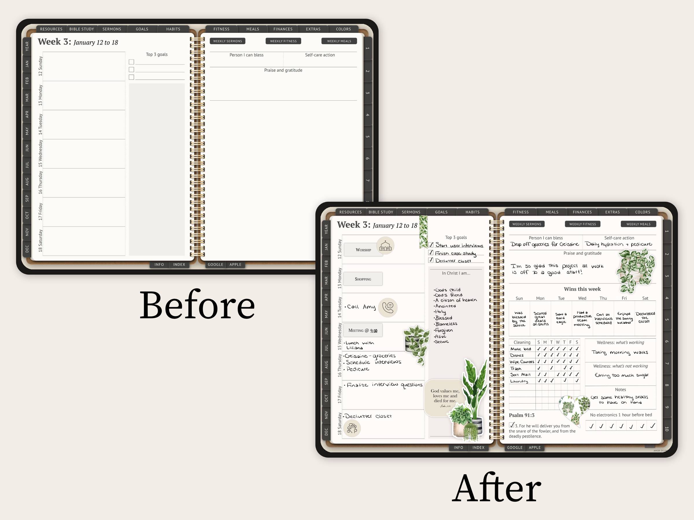 Before and after pictures of the weekly spread with the widgets and stickers that can be used to customize it.