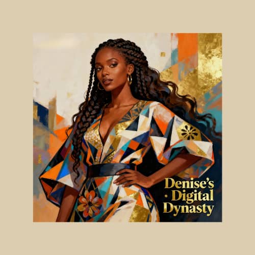  Elegant non-photorealistic illustration of an Afro American woman with long wavy or braided hair, medium brown skin, dressed in luxurious abstract fashion. The vibrant, empowering background and imaginative patterns capture the spirit of Denise’s Digital