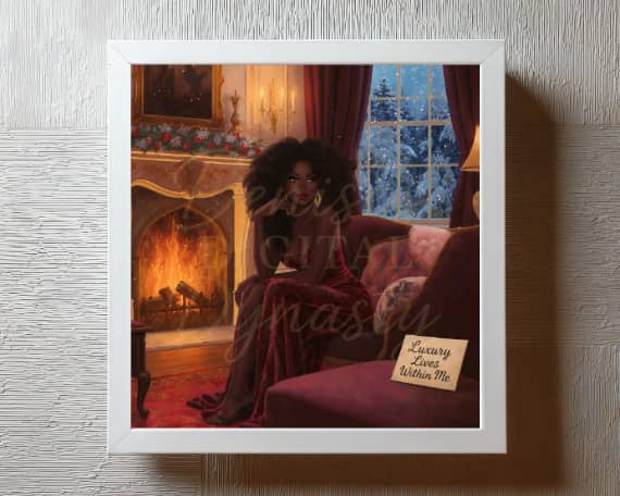 Cozy winter wall art printable, black woman holiday fireside download seasonal home decor, luxury affirmation Christmas gallery motivate art
