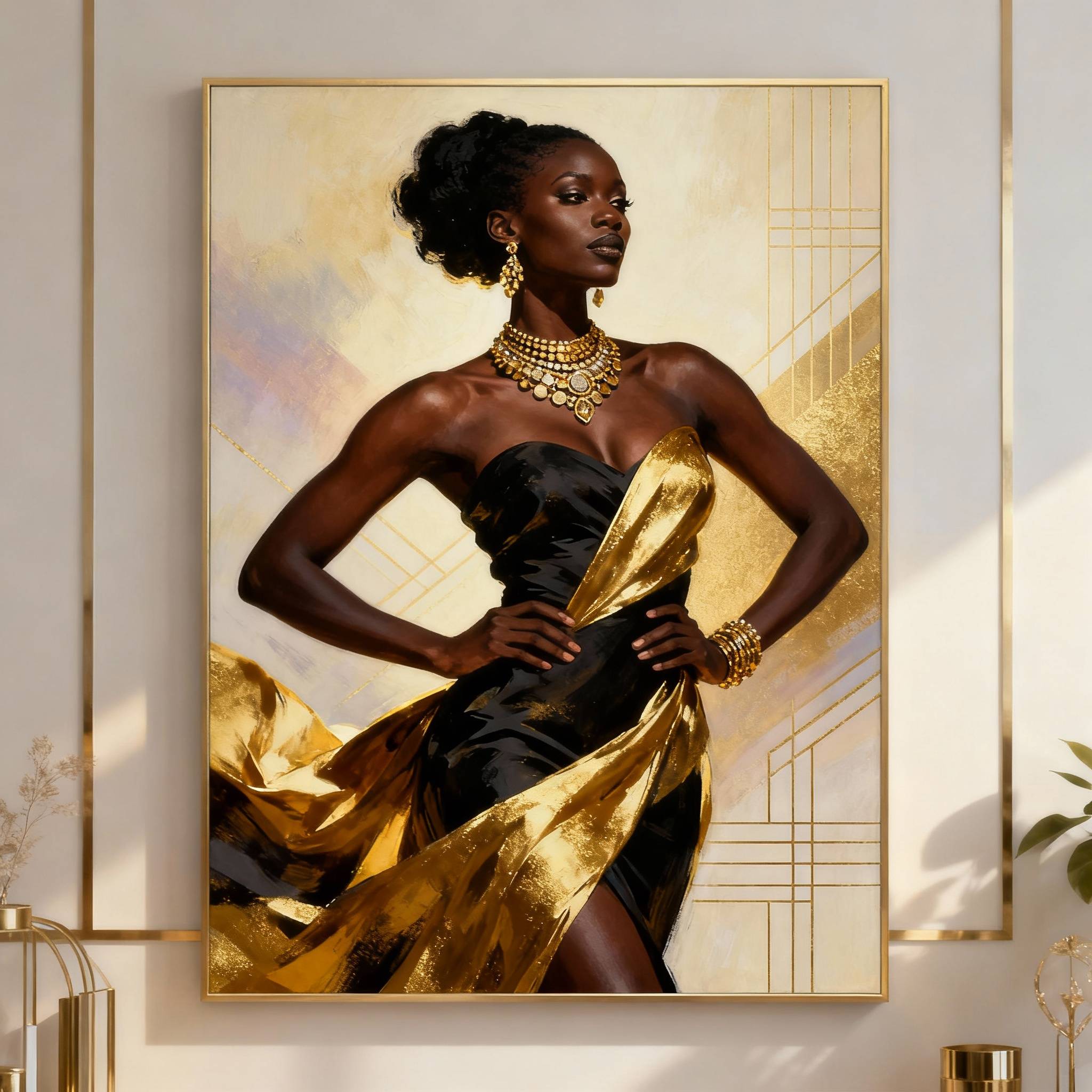 A bold, luxurious digital artwork depicting a confident Black woman standing against an elegant, vibrant background. The illustration radiates empowerment and creativity, symbolizing strength, inspiration, and the artistic vision behind Denise’s Digital D