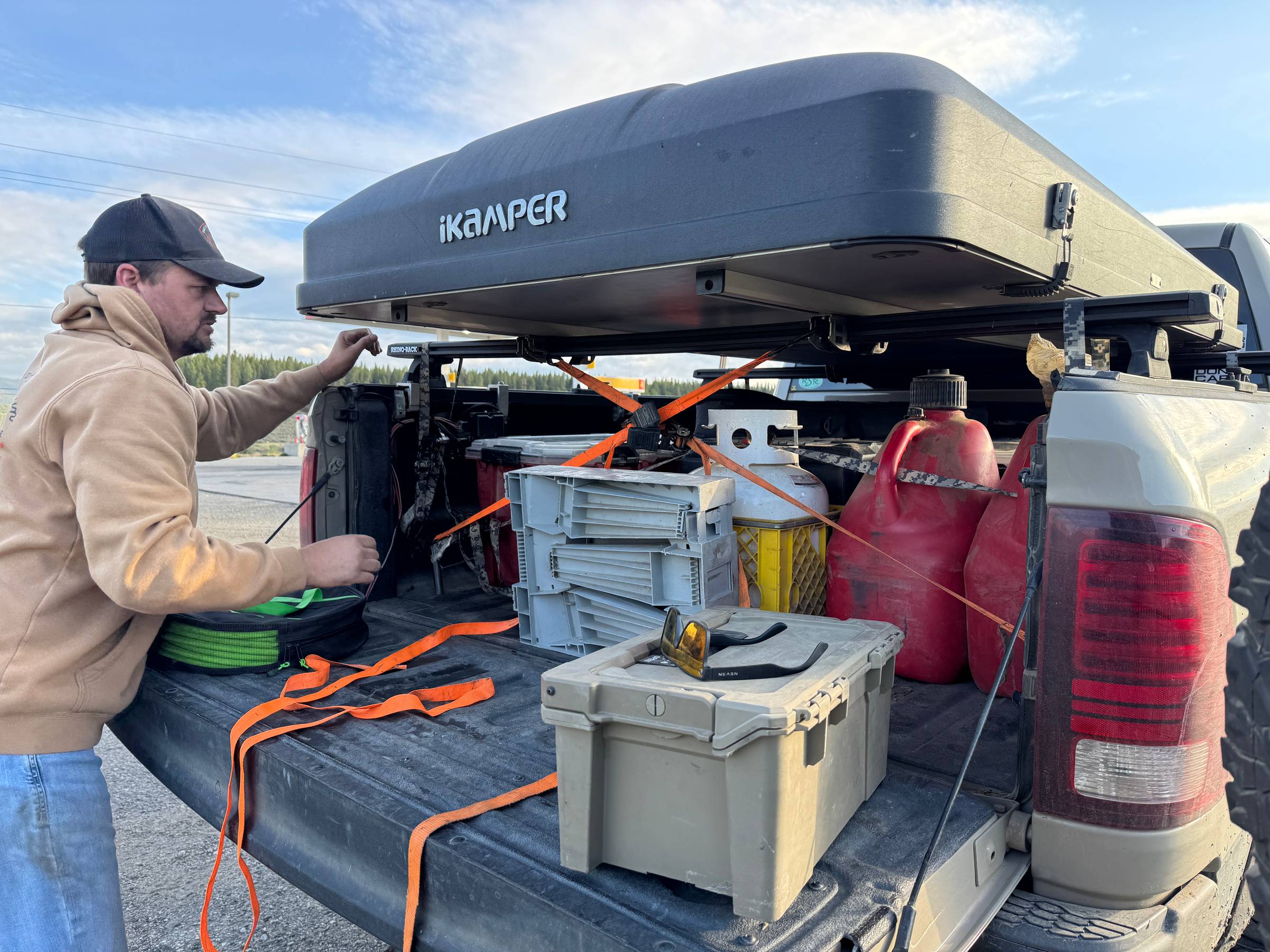 Power Wagon in Colorado with an iKamper rooftop tent temporarily secured with orange ratchet straps.