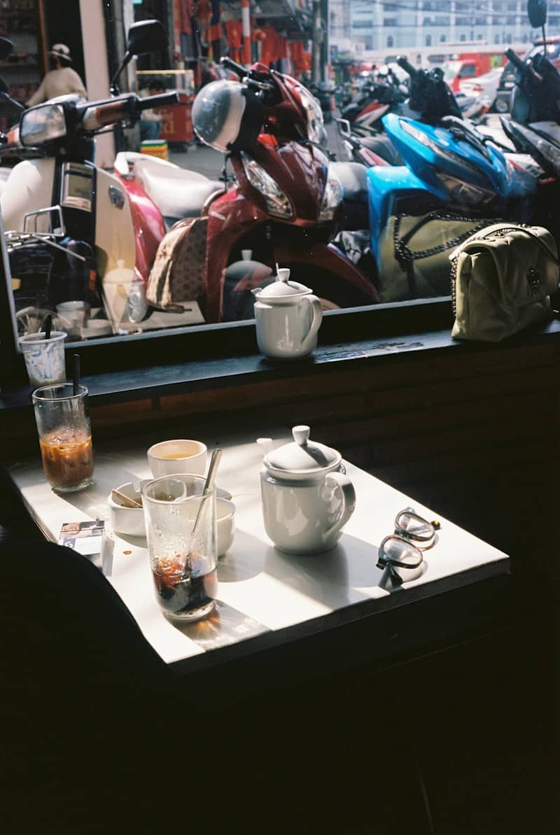 Coffee, teacups, and motorbikes are shown here.