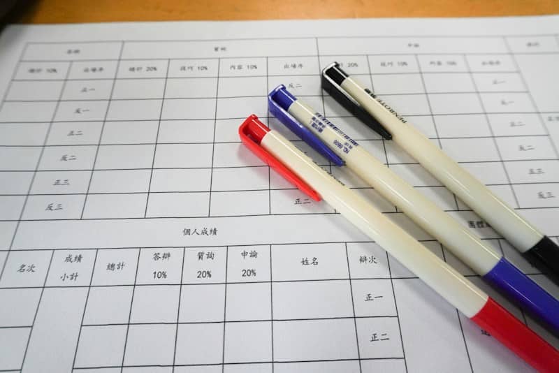 Three pens resting on a grid paper