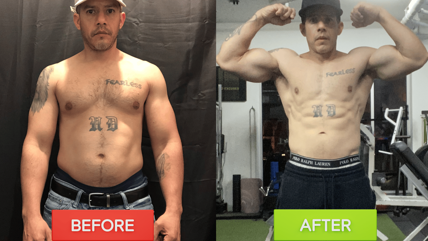 Before and after transformation photo, Pablo Bravo's image before when out of shape, and Pablo Bravo's image after in shape