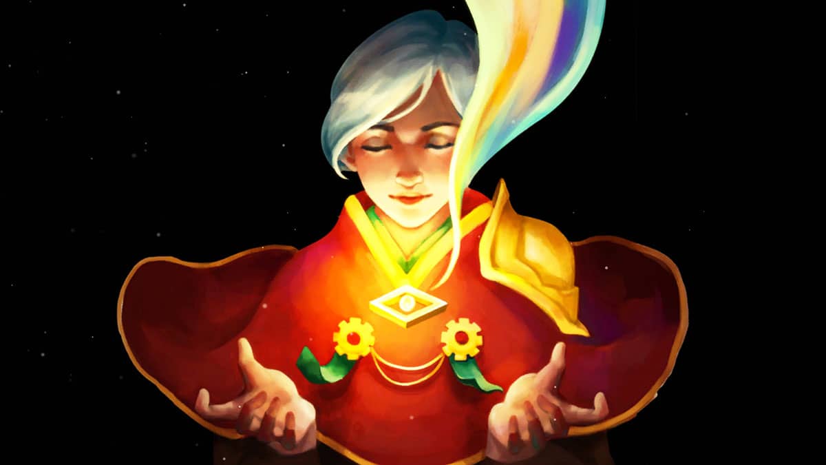 A digital illustration of a serene figure with closed eyes, silver hair, and a gentle smile. The person is wearing a vibrant red robe adorned with yellow floral motifs and gold shoulder armor. A mystical glow emanates from their chest, forming a radiant, 