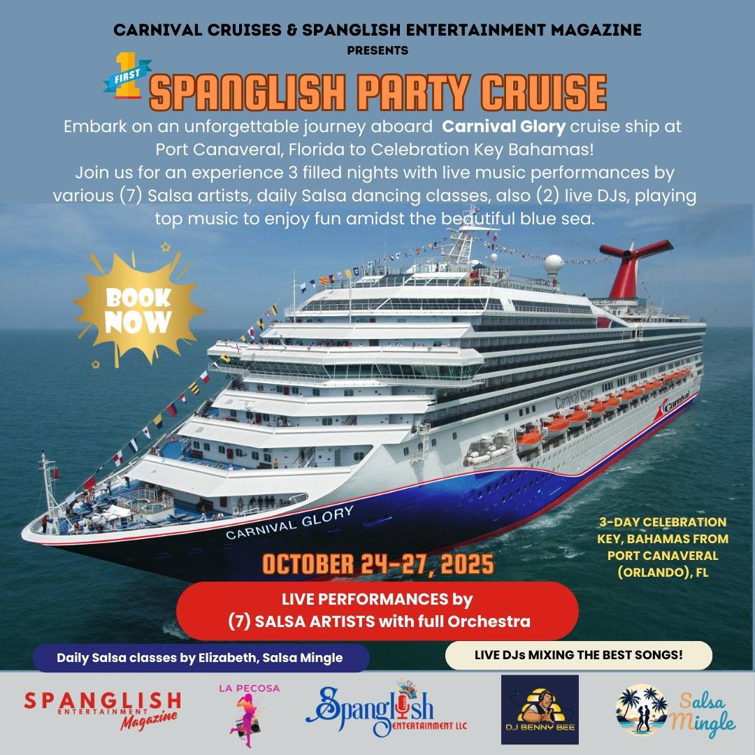 Get Ready to Set Sail on the Ultimate Salsa Adventure!  Join us for an unforgettable experience on Spanglish Entertainment’s First Annual Spanglish Party Cruise aboard the Carnival Glory, sailing from Port Canaveral on October 24, 2025. This is not just a