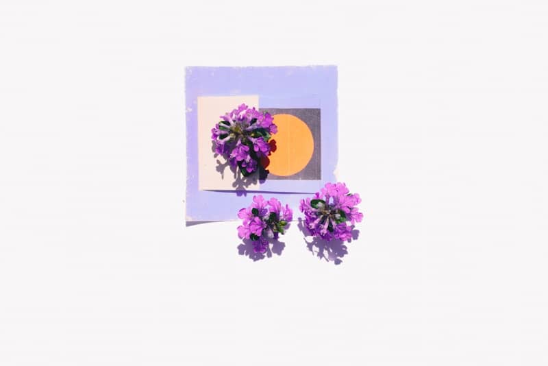 Purple flowers decorate a geometric card.