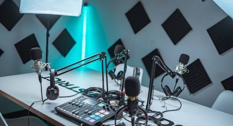 a recording studio with microphones, headphones and microphones