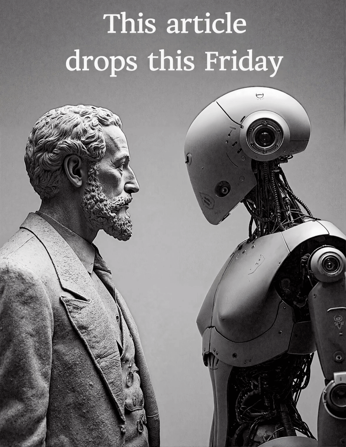 A historical statue facing off with an AI bot like in a boxing match.