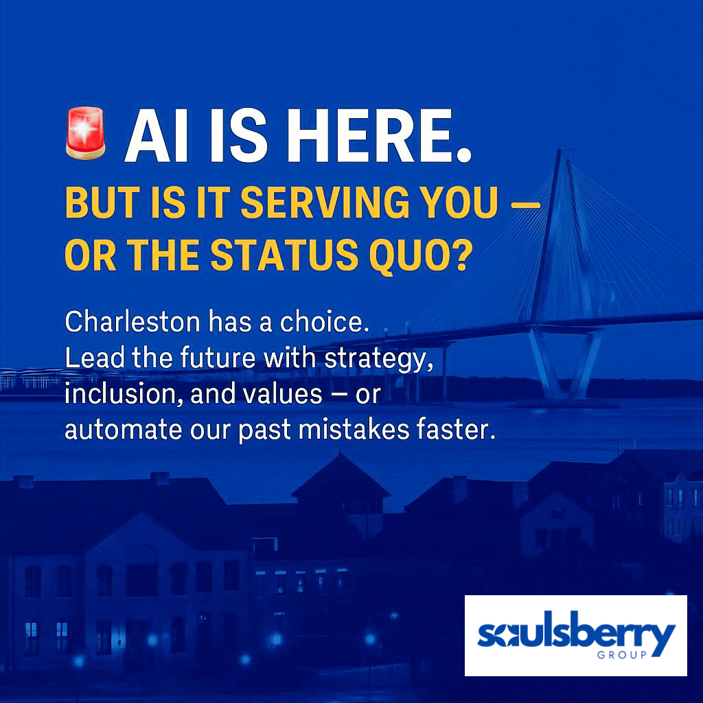 An image with the bridge on top and houses on the bottom in a blue hue.  It reads, "AI IS HERE.  BUT IS IS SERVING YOU - OR THE STATUS QUO?