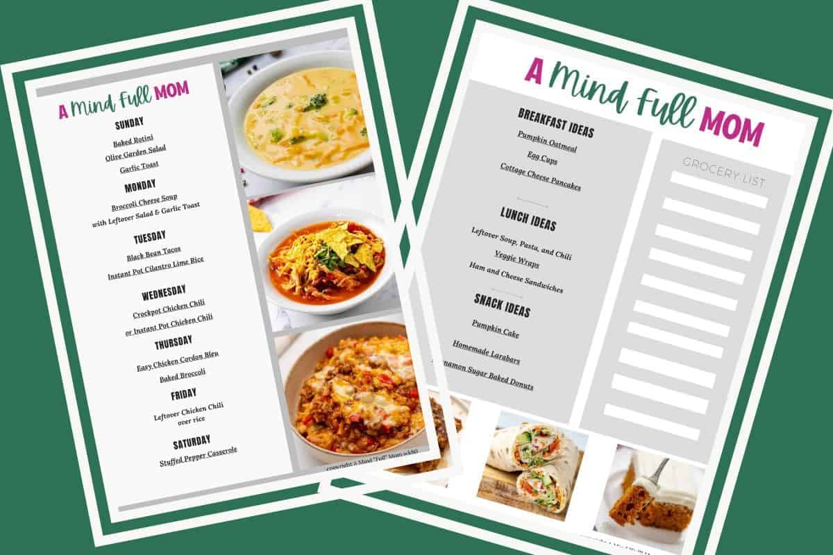 Photo of meal plan for week. 