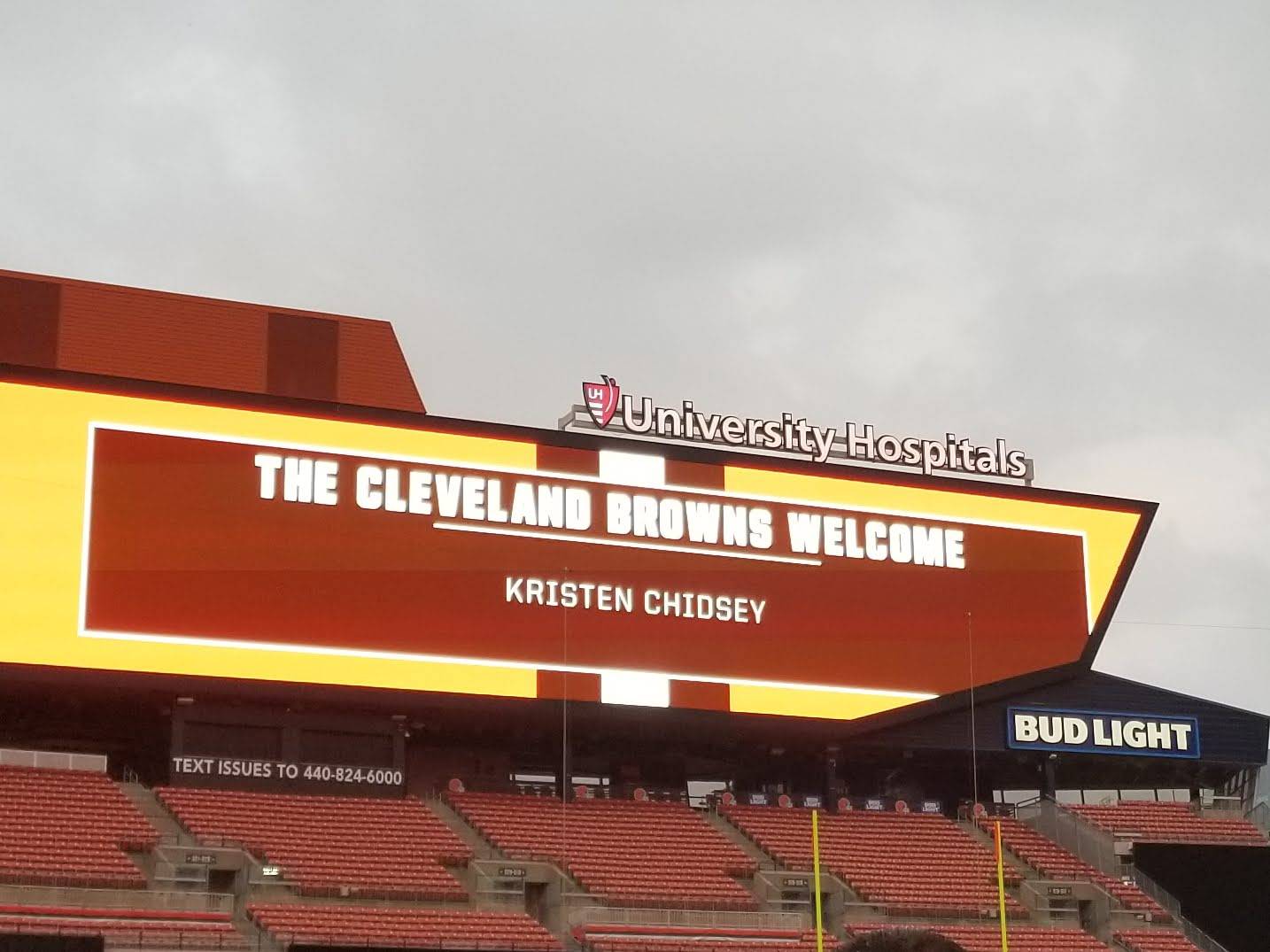 Football scoreboard that reads The Cleveland Browns Welcome Kristen Chidsey.