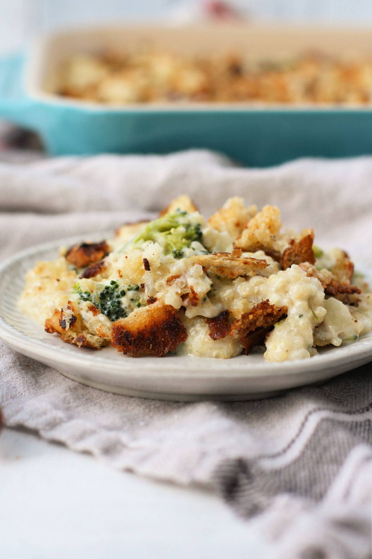 Creamy Quinoa Broccoli Casserole with Crunchy Topping.