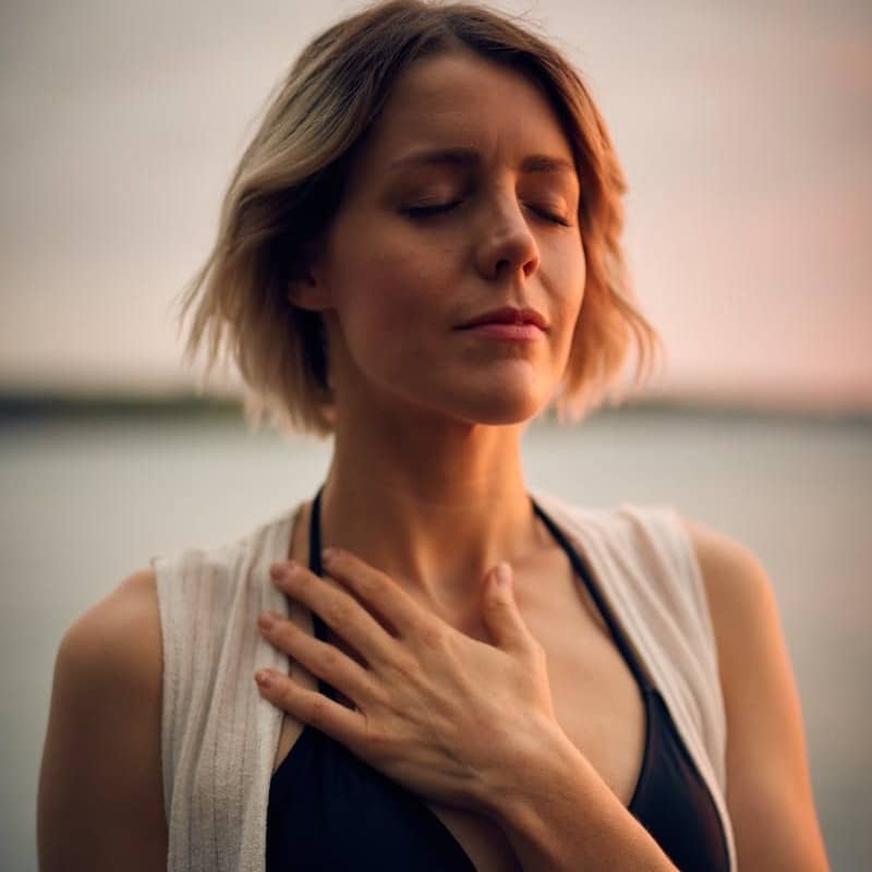 woman in white vest and black bikini with hand on chest
