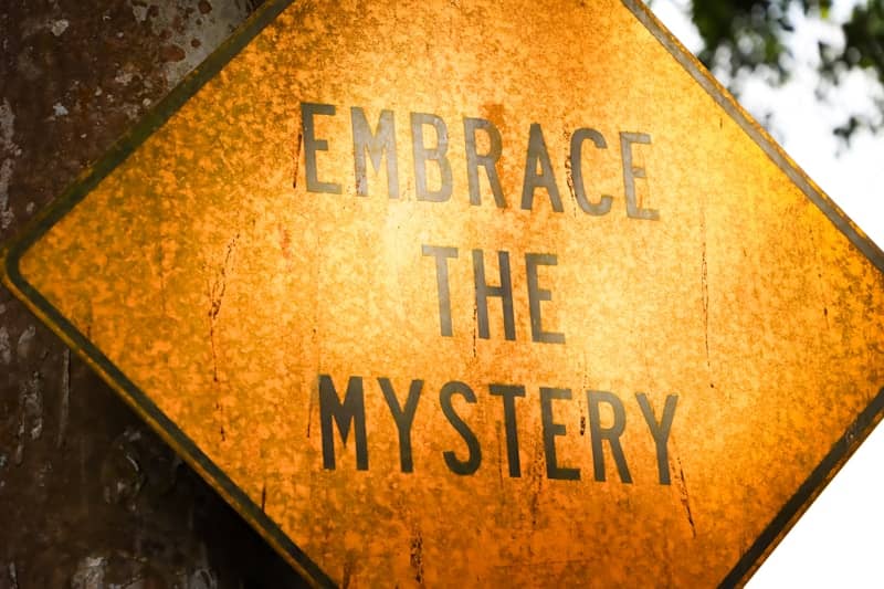 Yellow diamond sign reads embrace the mystery.