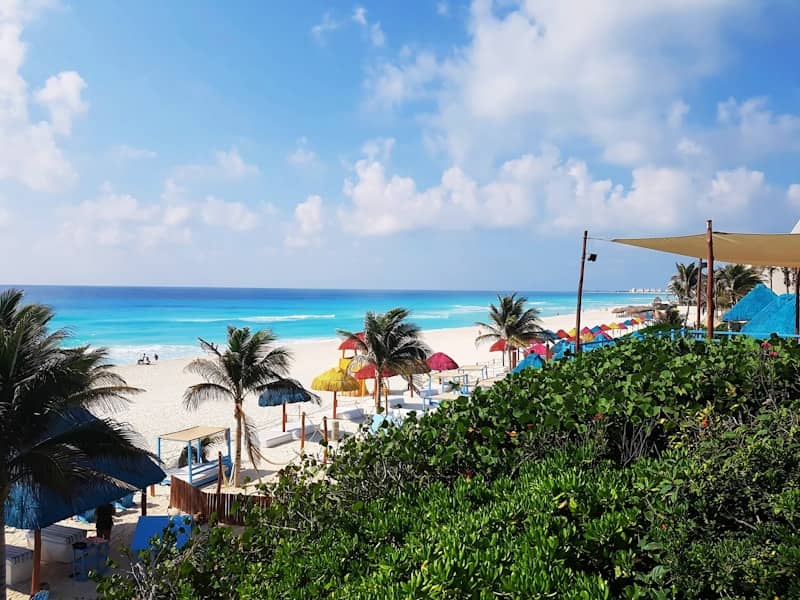 A tropical beach scene under a bright blue sky.
