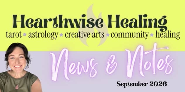 the logo for Hearthwise, with a pink flame inset within the words, and an image of stacey wearing a green 