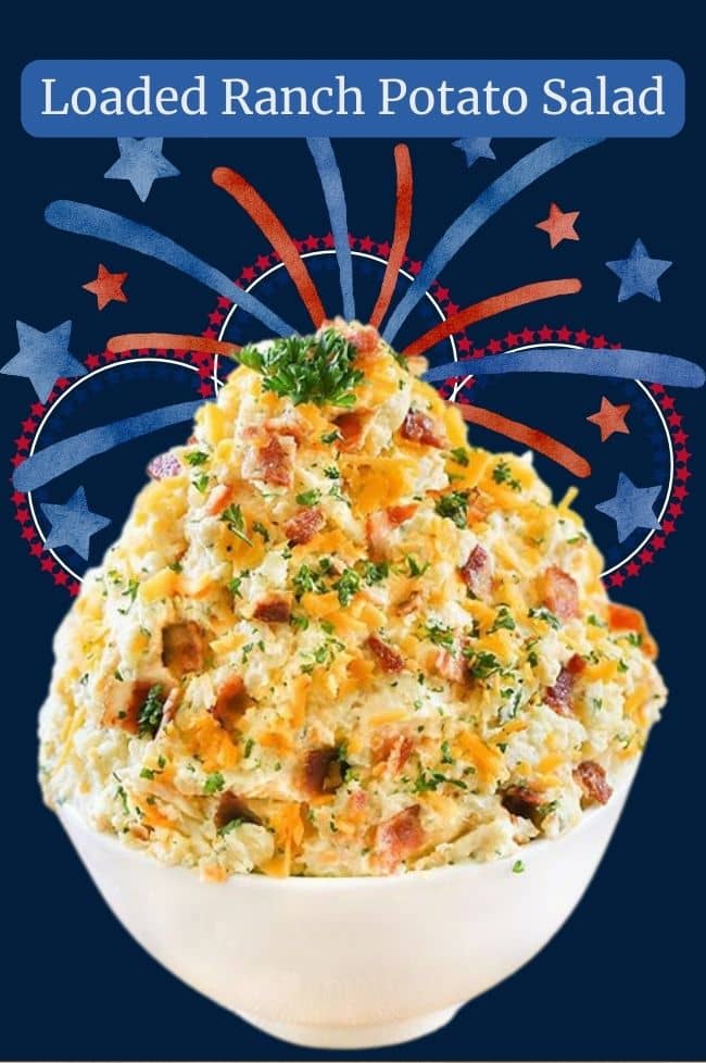 Loaded Ranch Potato Salad - Creamy golden potatoes dressed in a spicy brown mustard and ranch, sour cream dressing. 