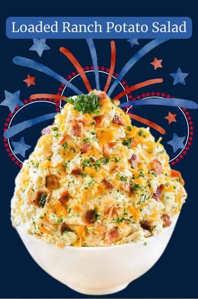 Loaded Ranch Potato Salad - Creamy golden potatoes dressed in a spicy brown mustard and ranch, sour cream dressing. 