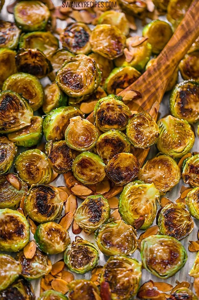 Roasted Brussels sprouts with almonds, golden brown and crispy