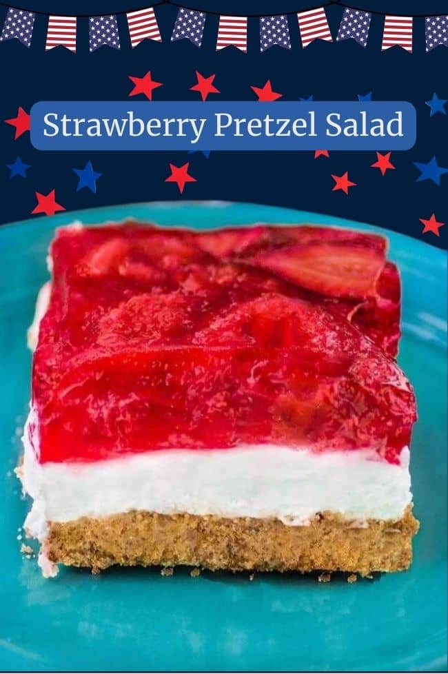 Strawberry Cheesecake Pretzel Dessert Salad. Blue plate with a thick square slice of dessert featuring a golden brown pretzel cookie crust with cheesecake filling in the center. topped with freshly sliced strawberries tossed with strawberry jello.