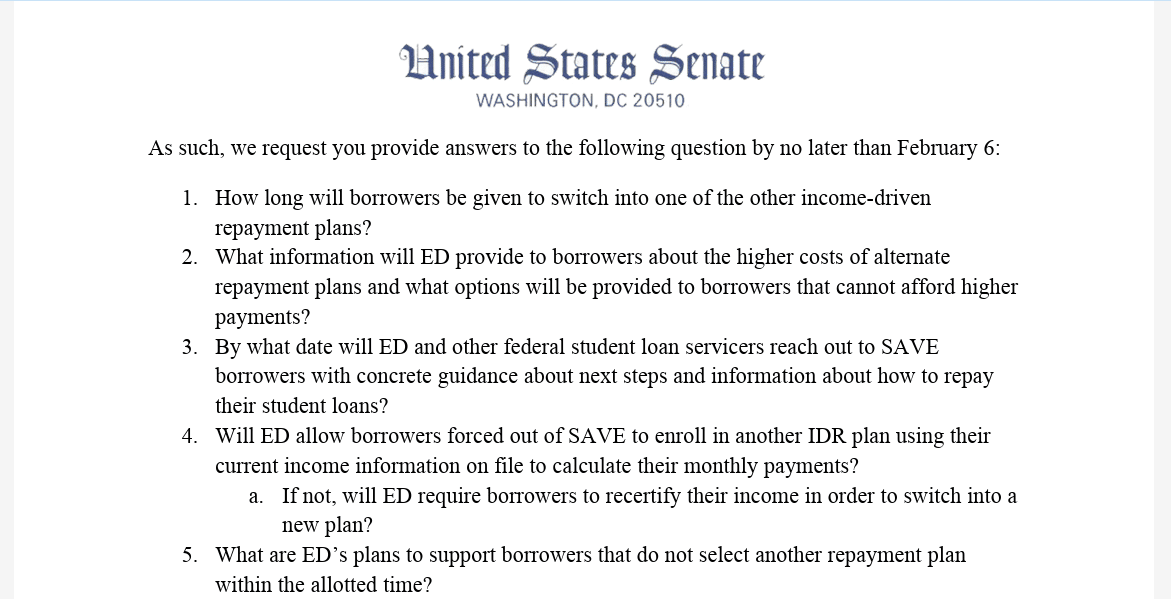 senate student loan questions
