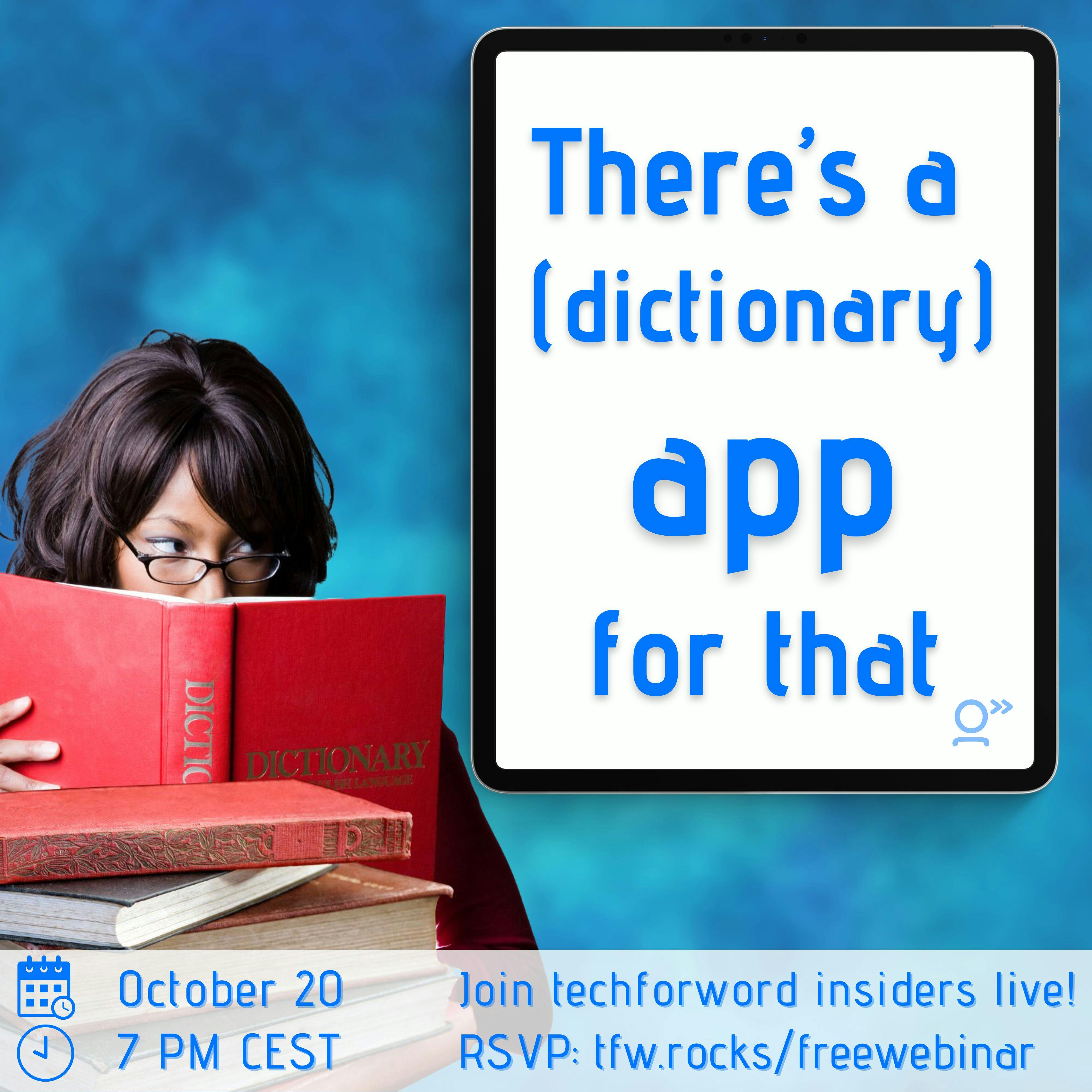 Image of a lady hiding behind a pile of dictionaries looking towards a tablet displaying the title. All on a blue textured background